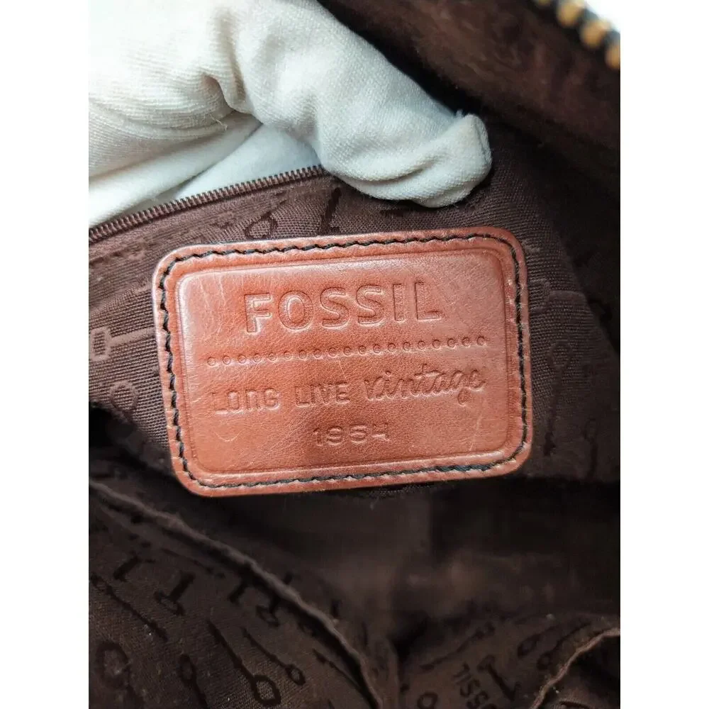 Fossil Maddox Brown Leather Black Stripe Zipper Satchel Shoulder Bag